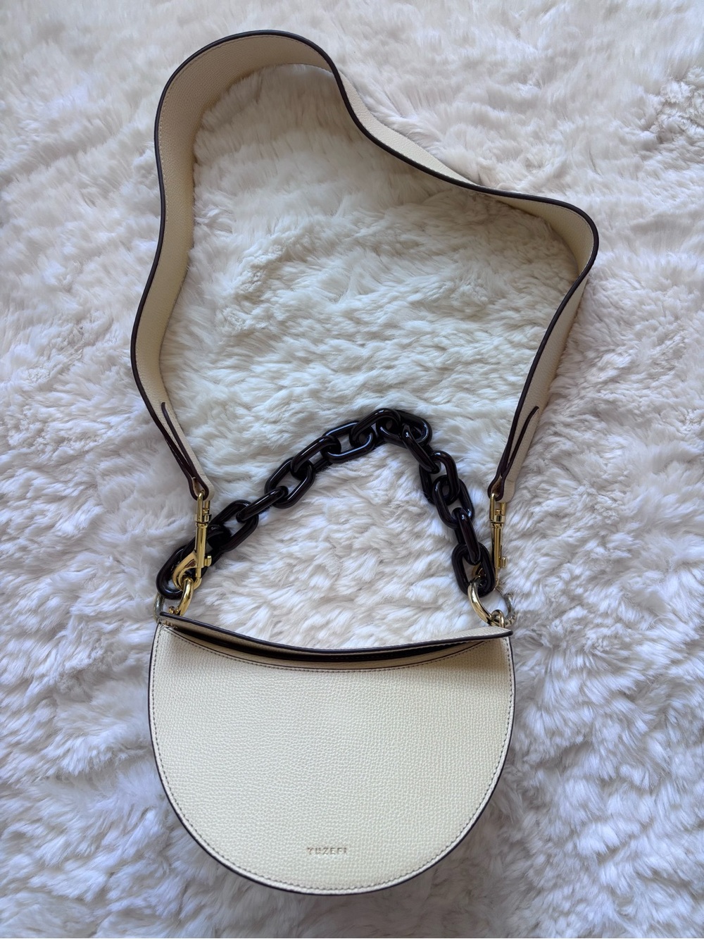 Yuzefi Doris Cream Half-Moon Shoulder Bag with Chunky Chain Strap